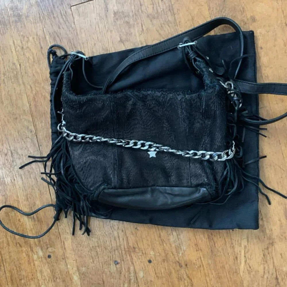Ash BO Fringed Hobo Bag Black Suede